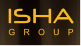 ISHA Group logo with yellow text on a dark background.